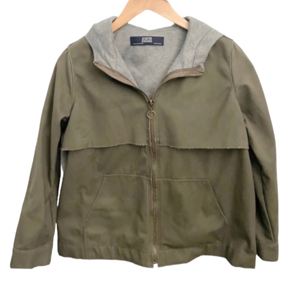 Zara Green & Gray Hooded Zip Up Utility Jacket